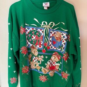 Vintage Green Christmas Sweater with Teddy Bear Design